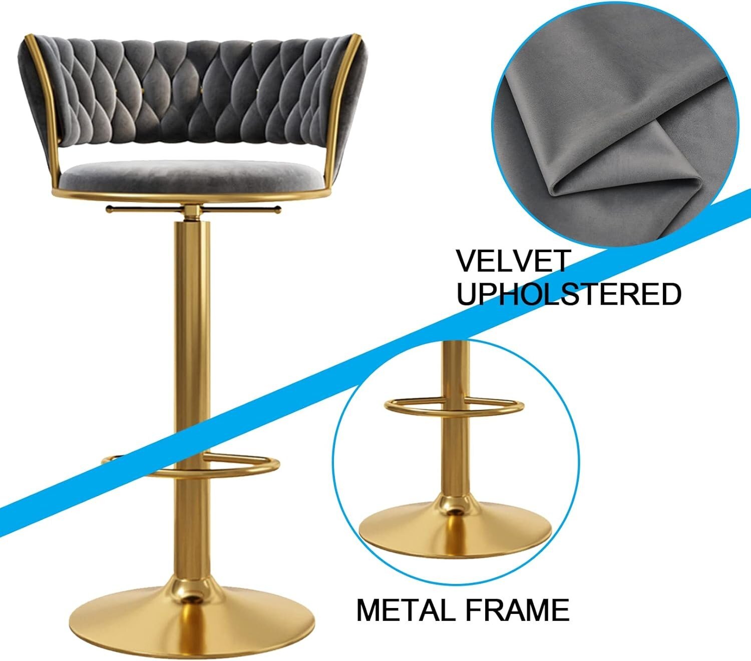 vellazella's velvet bar chair | modern adjustable bar stool for home, kitchen & bar use with electroplated metal base and tufted design vellazella's velvet bar chair | modern adjustable bar stool for home, kitchen & bar use with electroplated metal base and tufted design