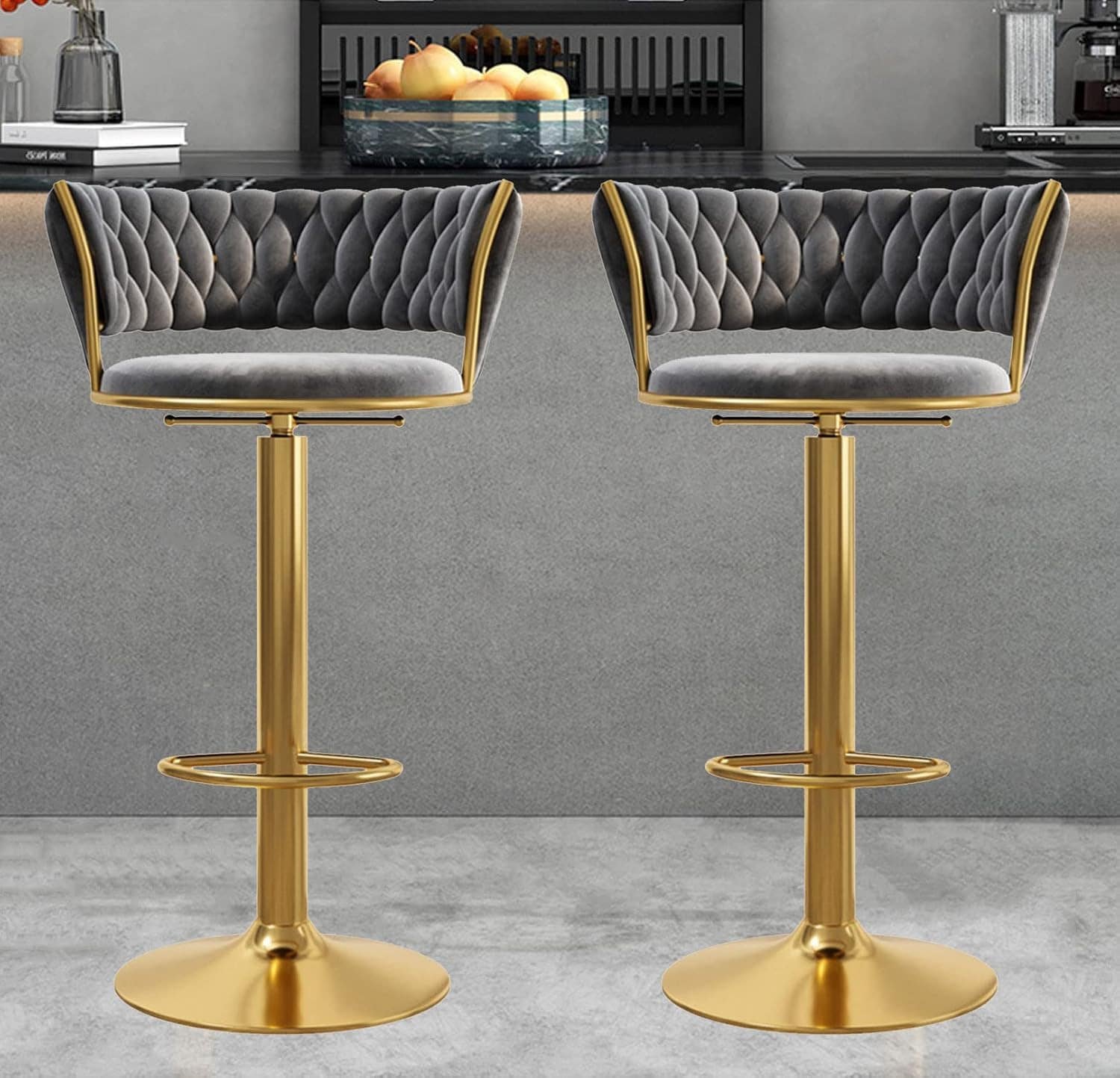 vellazella's velvet bar chair | modern adjustable bar stool for home, kitchen & bar use with electroplated metal base and tufted design vellazella's velvet bar chair | modern adjustable bar stool for home, kitchen & bar use with electroplated metal base and tufted design
