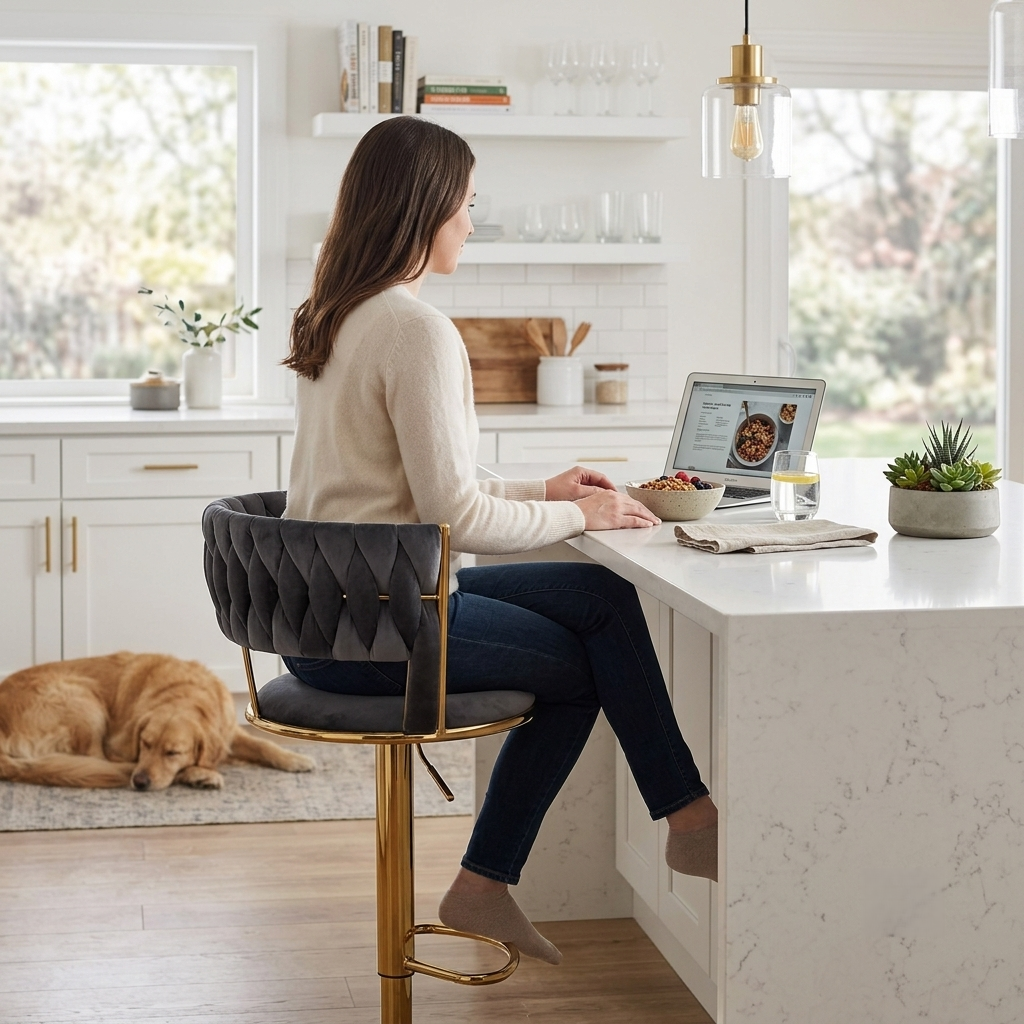 vellazella's velvet bar chair | modern adjustable bar stool for home, kitchen & bar use with electroplated metal base and tufted design vellazella's velvet bar chair | modern adjustable bar stool for home, kitchen & bar use with electroplated metal base and tufted design